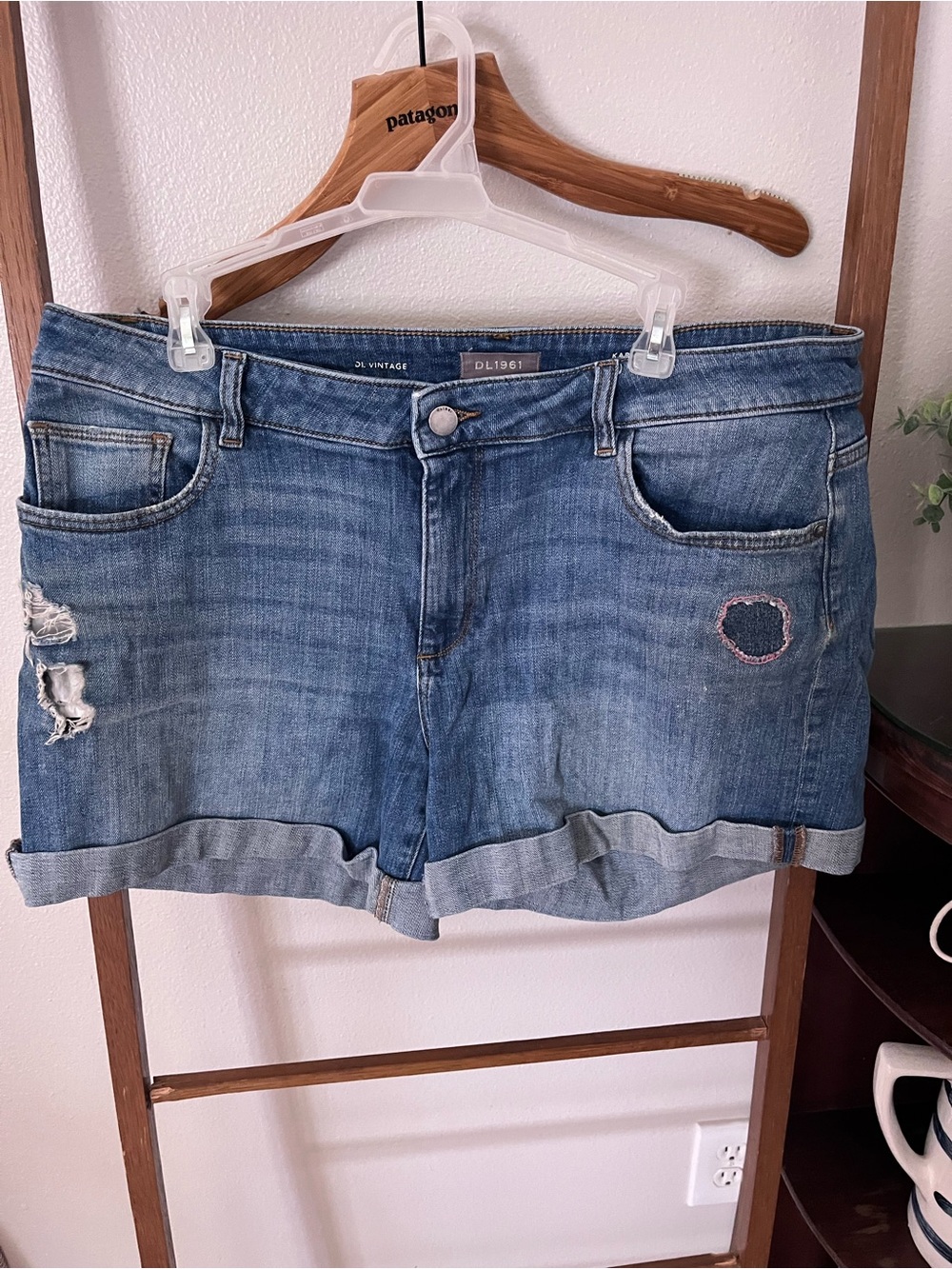 DL1961 Light Blue Distressed Rolled Cuff Denim Shorts